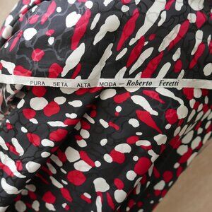 Pure Silk Sewing Fabric Remnant, Black Red White Roberto Feretti Designer Print
